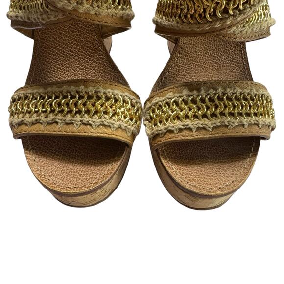 Tory Burch Lucian Tan Leather Gold Chain Strappy Wedge Sandals - Size 7 ½ - Picture 4 of 11